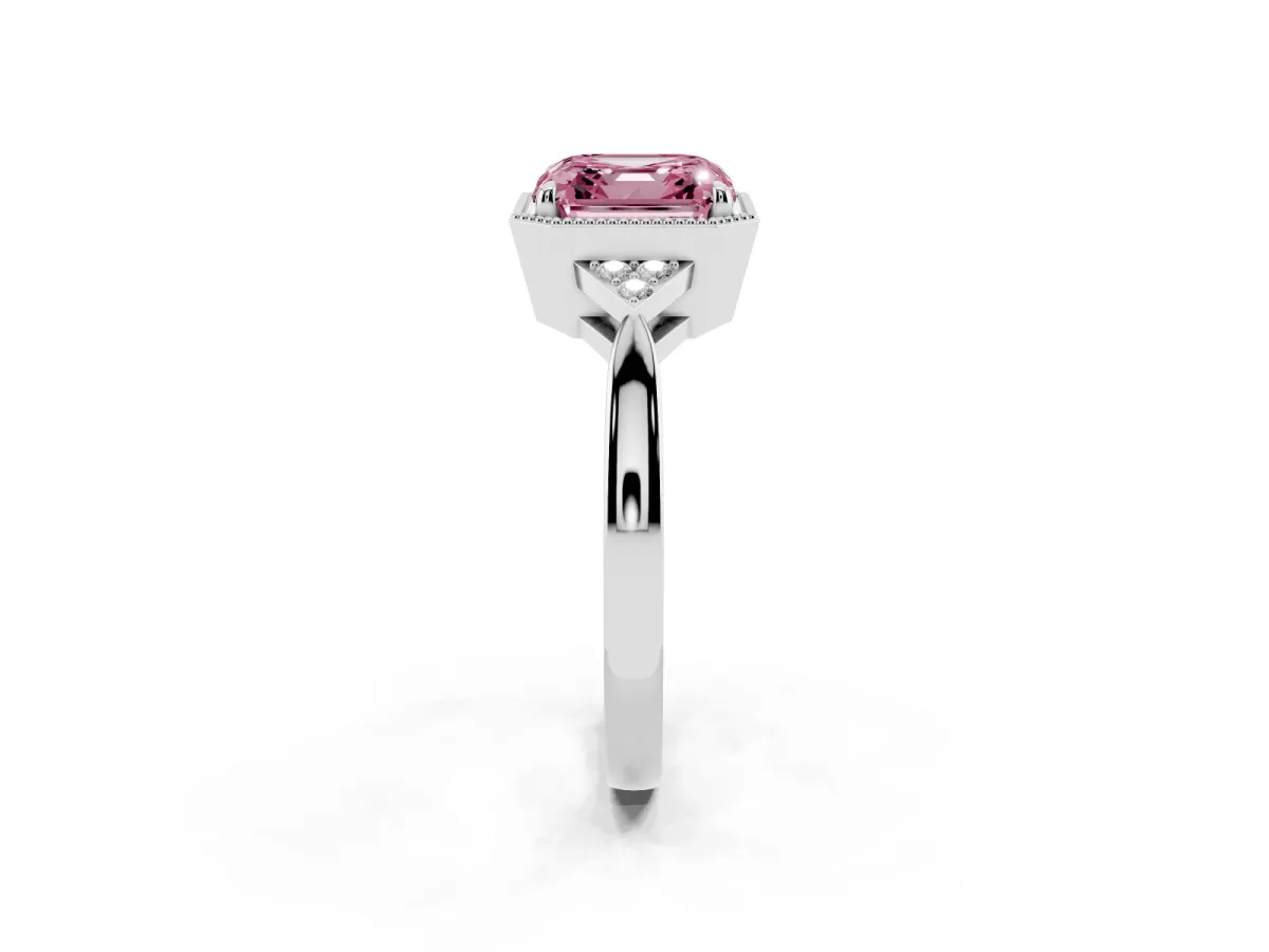 Fancy Pink Milgrain Asscher Cut Cut Diamond Ring with Tapered Pave Band and Four Prong Setting White gold