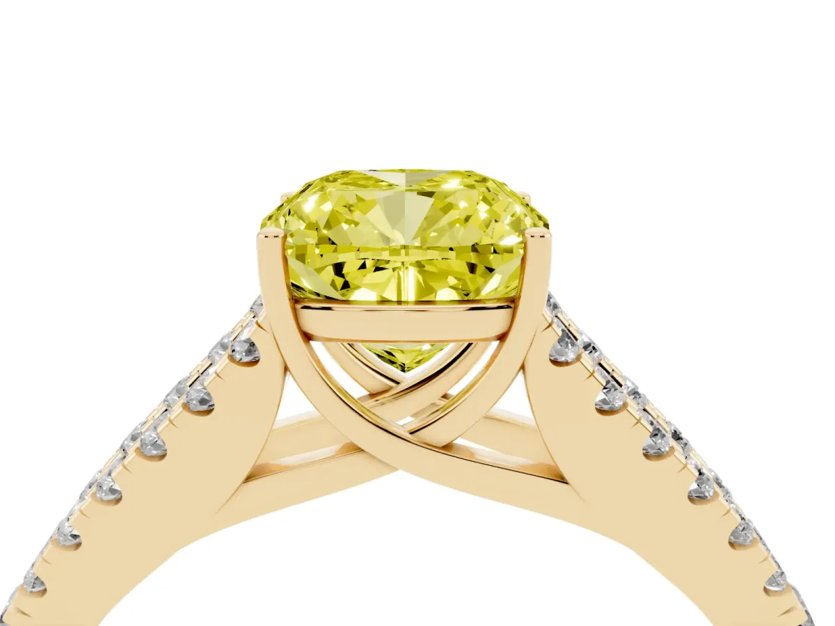 Fancy Yellow Cushion Cut Diamond Split Shank Engagement Ring with Round Pavé and Prong Setting Yellow gold