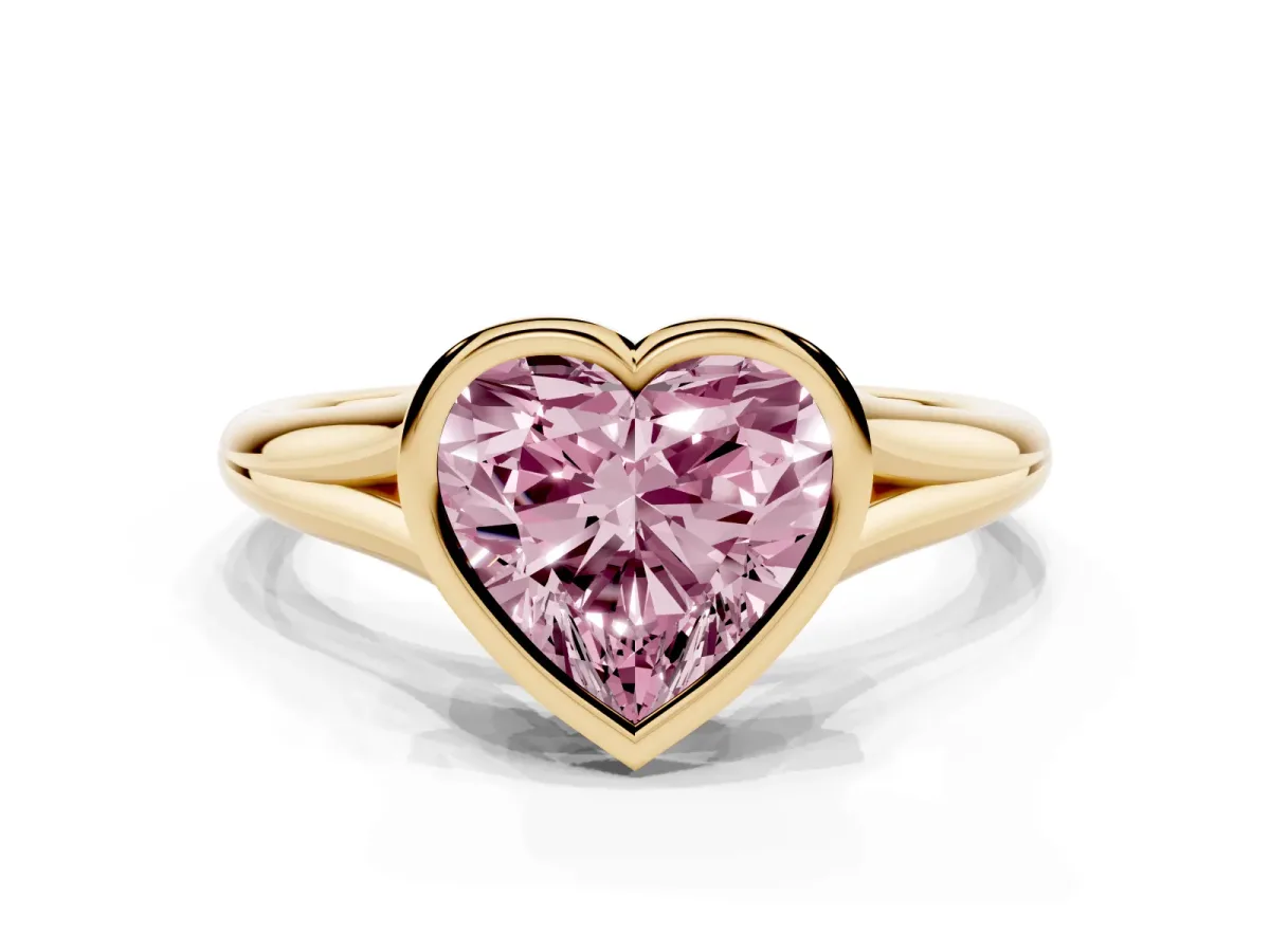 Fancy Pink Bezel Set Heart Cut Cut Solitaire Ring with Tapered Band Yellow gold