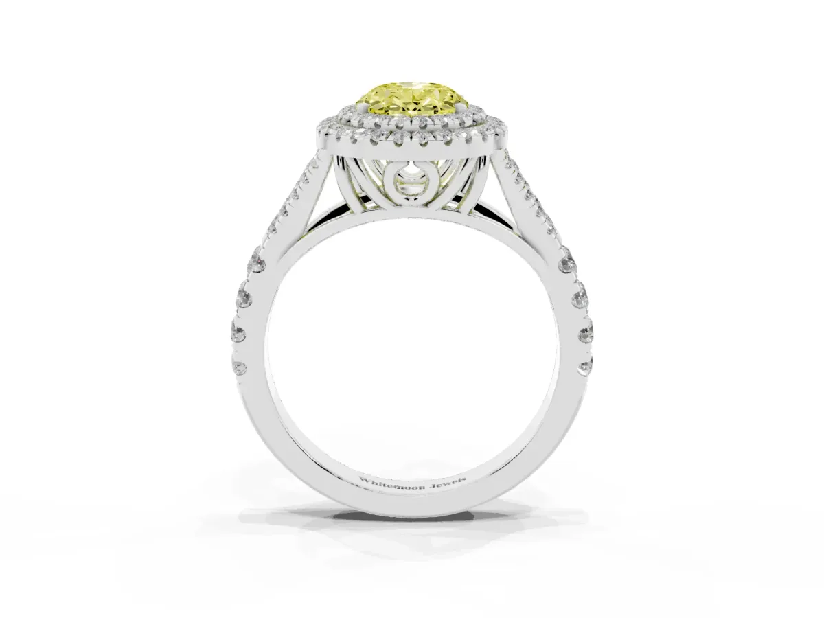Fancy Yellow Oval Cut Diamond Pavé Split Shank Double Halo Engagement Ring Platinum