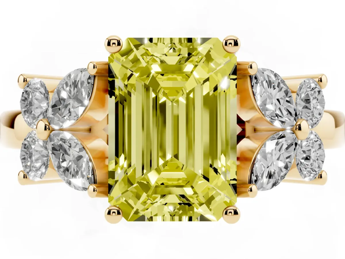 Fancy Yellow Emerald Cut Diamond Floral Cluster Ring with Solitaire Band and Prong Setting Yellow gold