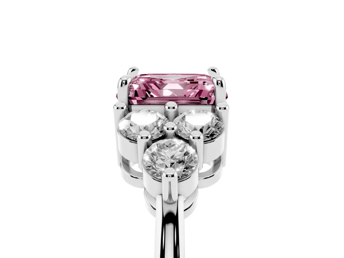 Fancy Pink Asscher Cut Brilliant Diamond Cluster Accent Solitaire Ring with Prong Setting Silver