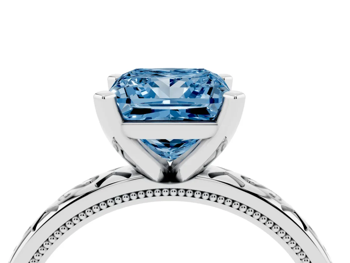Fancy Blue Princess Cut Solitaire Engagement Ring with Scrollwork Band and Four-Prong Setting Silver