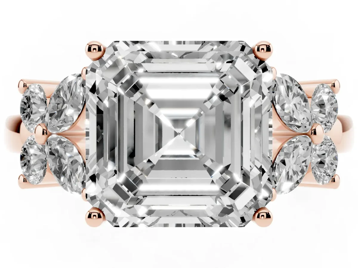 Asscher Cut Diamond Floral Cluster Ring with Solitaire Band and Prong Setting Rose gold