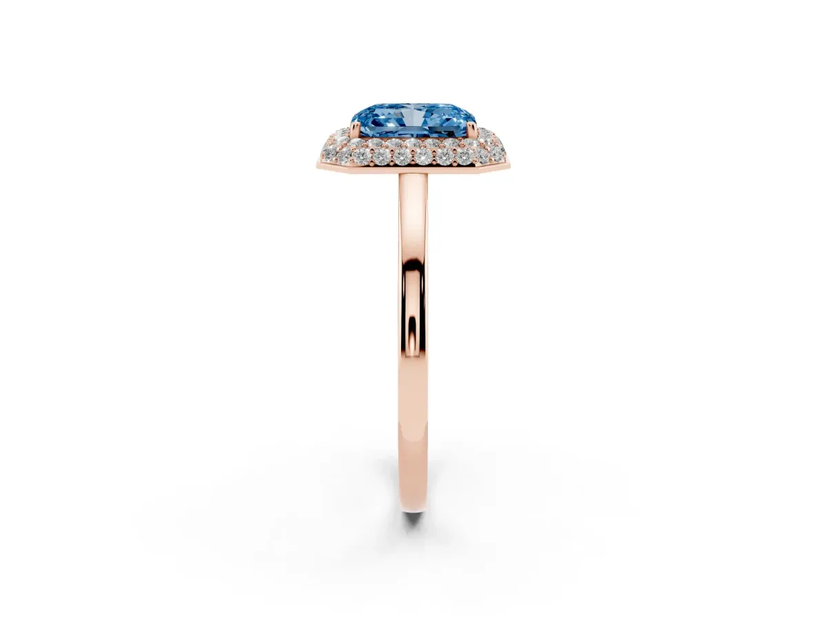 Fancy Blue Radiant Cut Halo Diamond Engagement Ring with Solitaire Band and Four-Prong Setting Rose gold