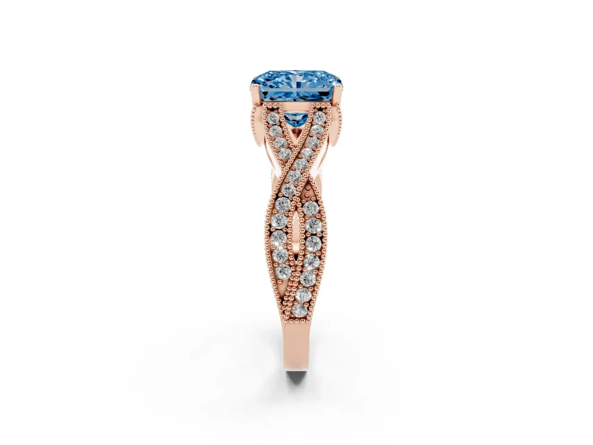 Fancy Blue Radiant Cut Cut Diamond Twisted Band with Milgrain Pave Setting and Four-Prong Setting Rose gold