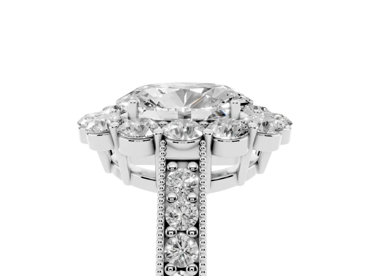 Oval Cut Cut Halo Diamond Pavé Engagement Ring with Milgrain Detailing Silver