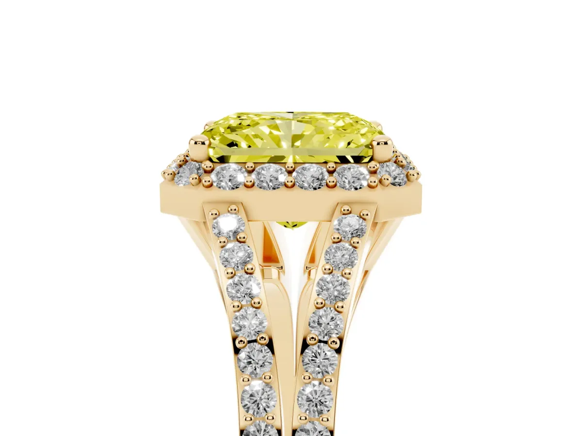 Fancy Yellow Radiant Cut Halo Split Shank Pave Diamond Ring with Four-Prong Setting Yellow gold