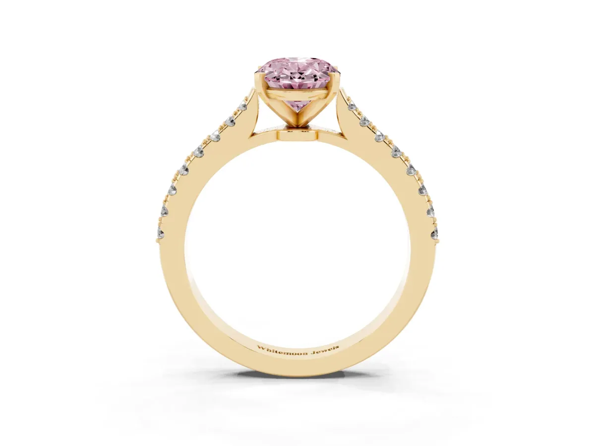 Fancy Pink Oval Cut Cut Solitaire Diamond Engagement Ring with Pave Band and Four-Prong Setting Yellow gold