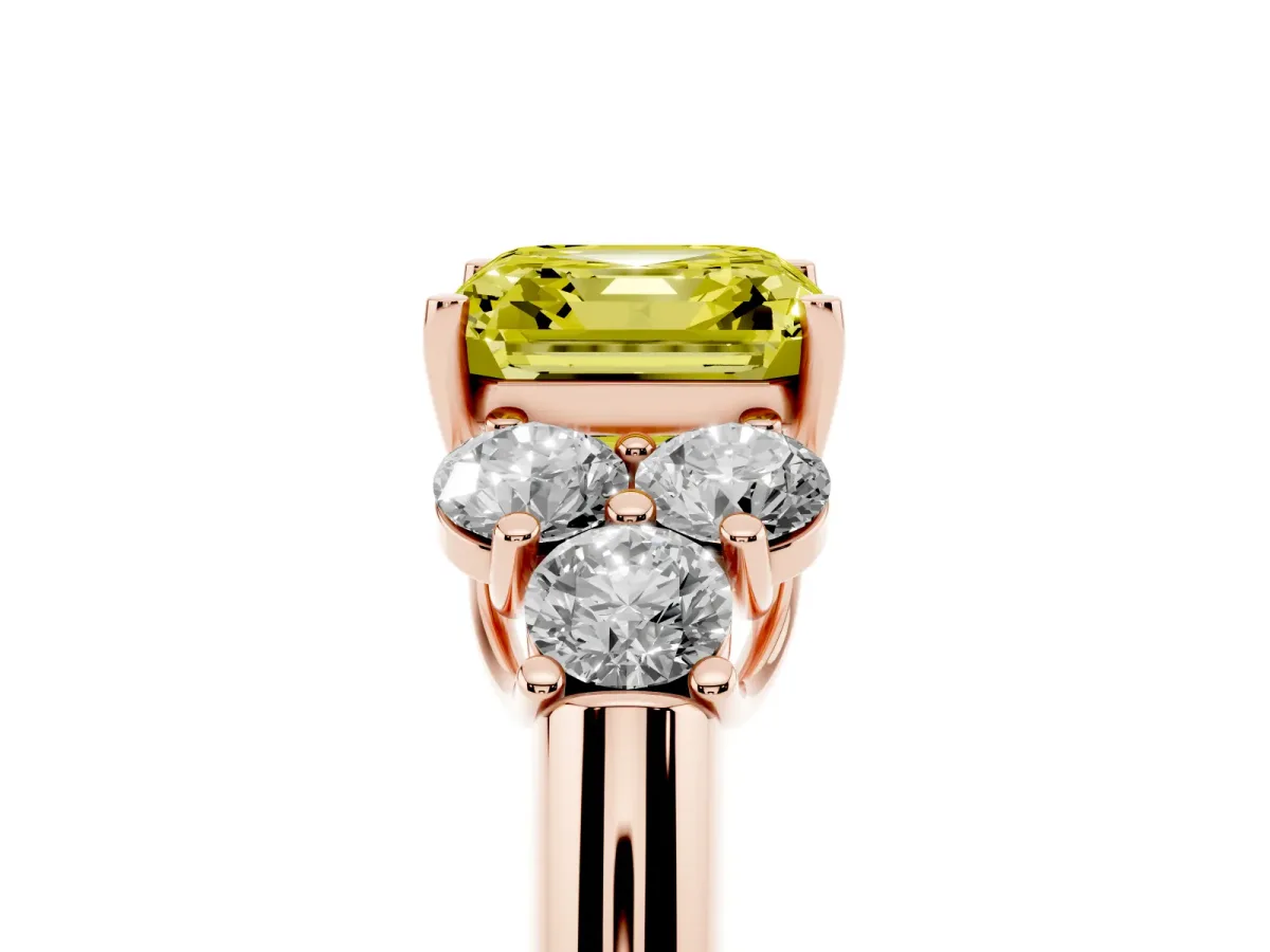 Fancy Yellow Asscher Cut Cut Diamond Cluster Ring with Round Accent Stones and Prong Setting on a Classic Band Rose gold