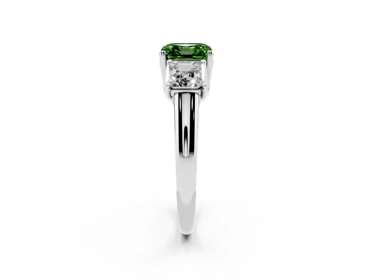 Fancy Green Three-Stone Asscher Cut Diamond Engagement Ring with Prong Setting Silver