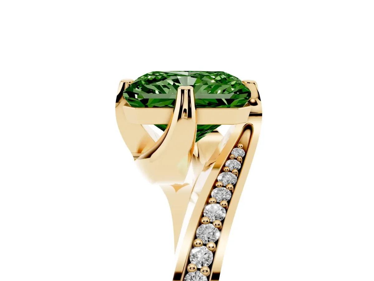 Fancy Green Radiant Cut Solitaire Diamond Twist Band with Pavé Setting and Four-Prong Setting Yellow gold