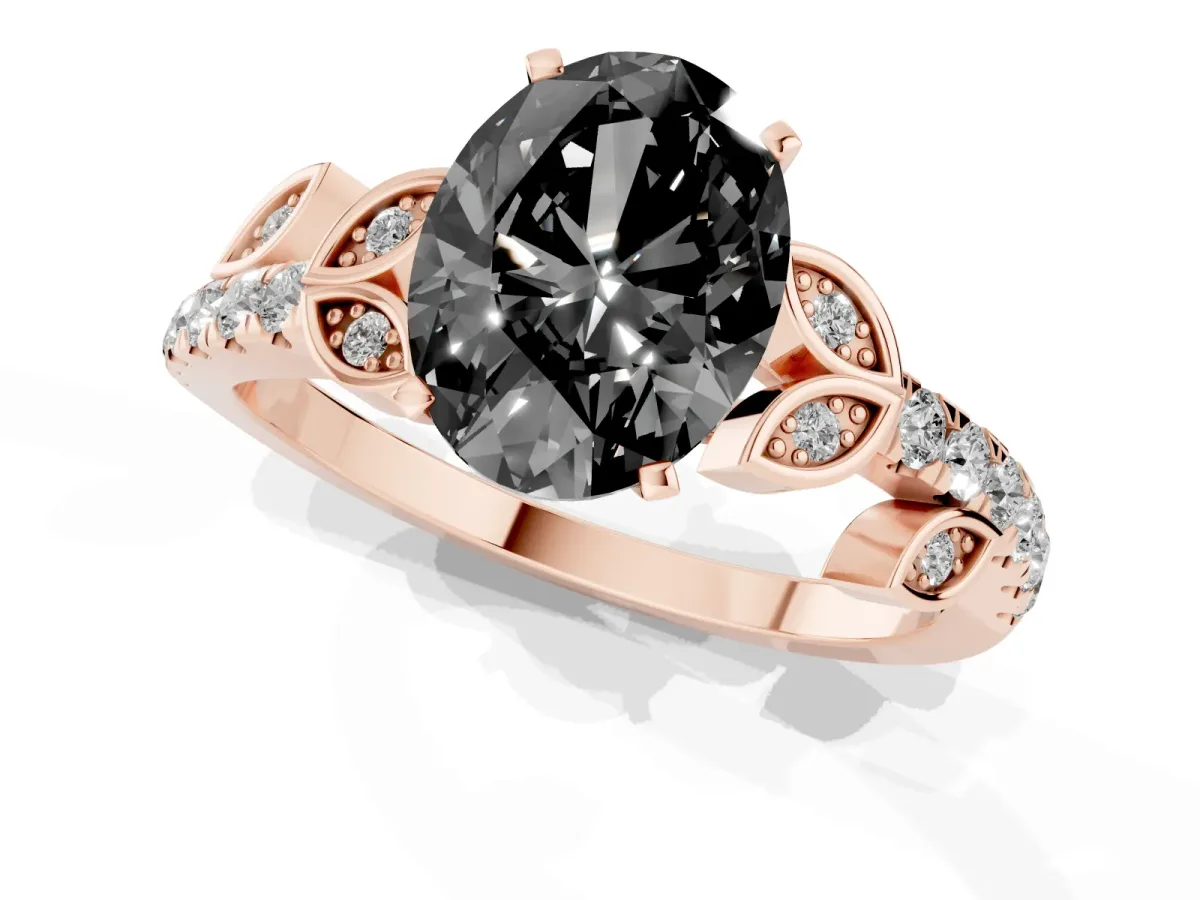 Fancy Black Oval Cut Solitaire Leaf-Inspired Diamond Ring with Pavé Band and Four-Prong Setting Rose gold