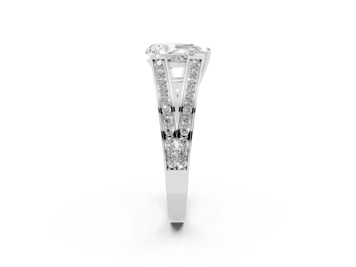 Pear Cut Diamond Split Shank Ring with Pavé Band and Four-Prong Setting White gold