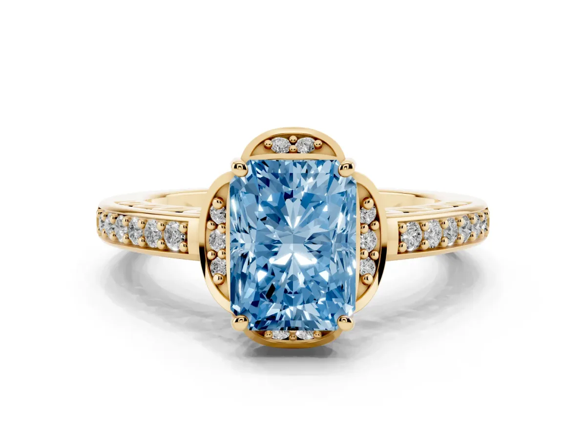 Fancy Blue Radiant Cut Cut Halo Diamond Ring with Channel Set Band and Four-Prong Setting Yellow gold