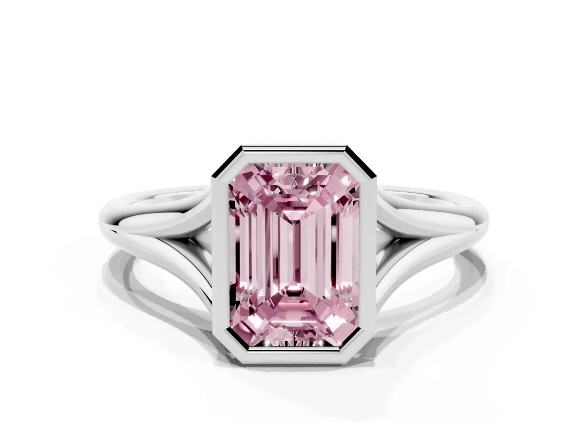 Fancy Pink Bezel Set Emerald Cut Cut Solitaire Ring with Tapered Band Silver