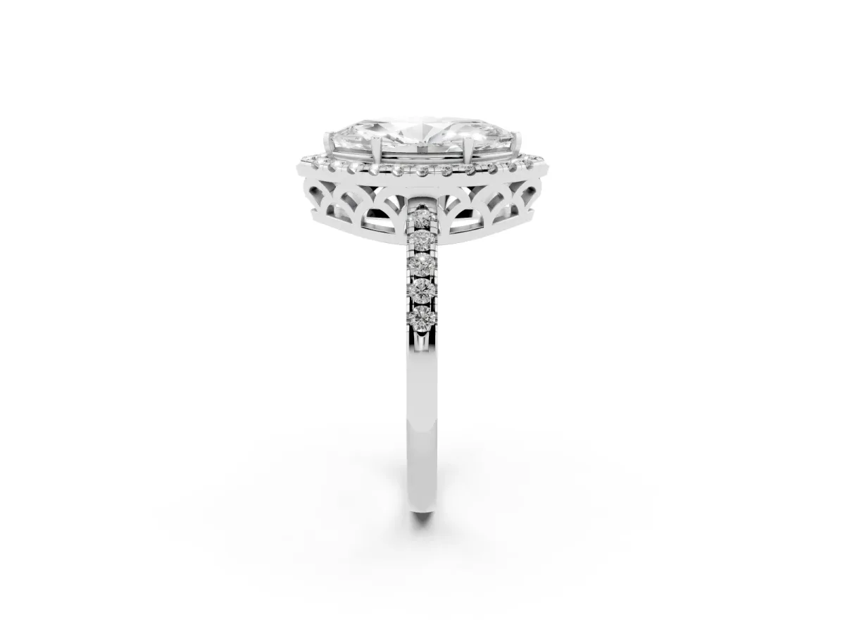 Marquise Cut Halo Diamond Engagement Ring with Pavé Band and Four-Prong Setting White gold