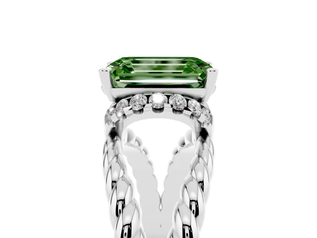 Fancy Green Emerald Cut Halo Twisted Band Four-Prong Ring Silver