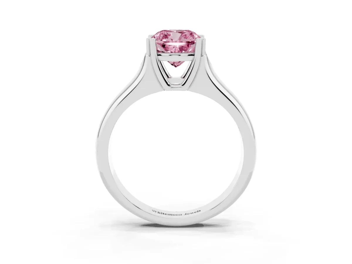Fancy Pink Cushion Cut Diamond Solitaire Ring with Wide Band and Prong Setting Silver