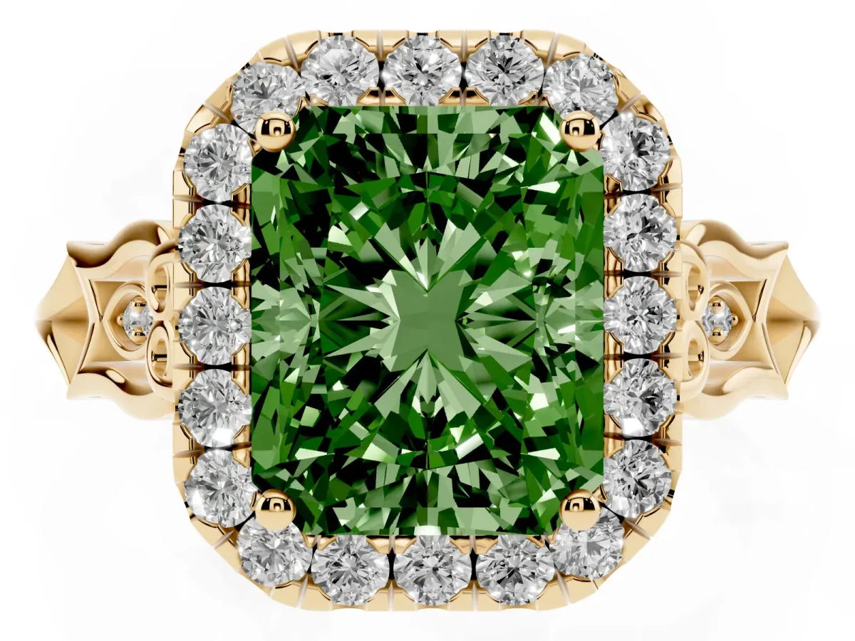 Fancy Green Radiant Cut Halo Diamond Engagement Ring with Filigree Band and Four-Prong Setting Yellow gold