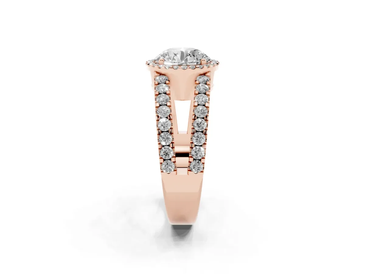 Round Cut Cut Halo Split Shank Diamond Ring with Four-Prong Setting Rose gold
