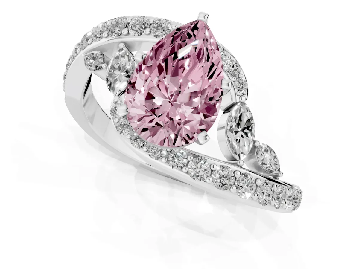 Fancy Pink Pear Cut Solitaire with Pavé Twist Band and Four-Prong Setting Silver