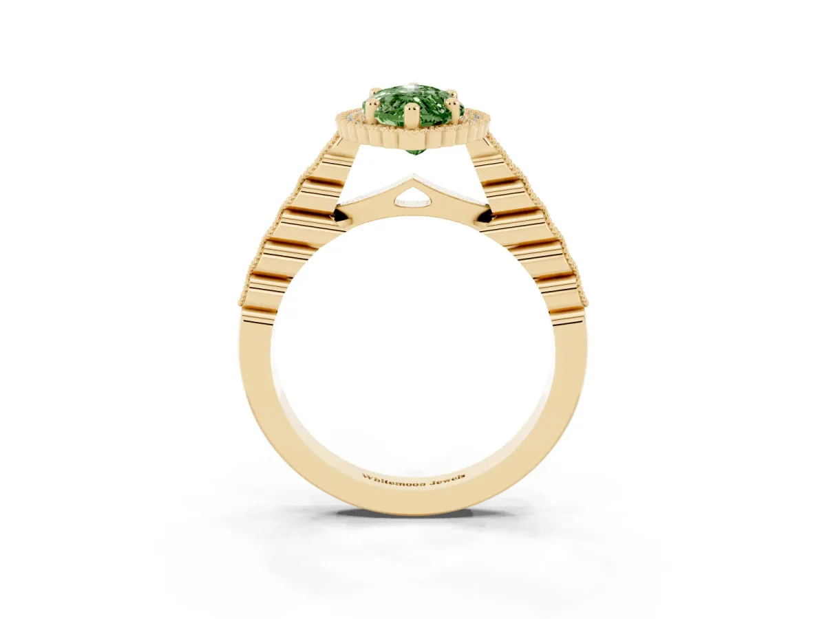 Fancy Green Marquise Cut Cut Halo Pavé Solitaire Ring with Milgrain Band Yellow gold