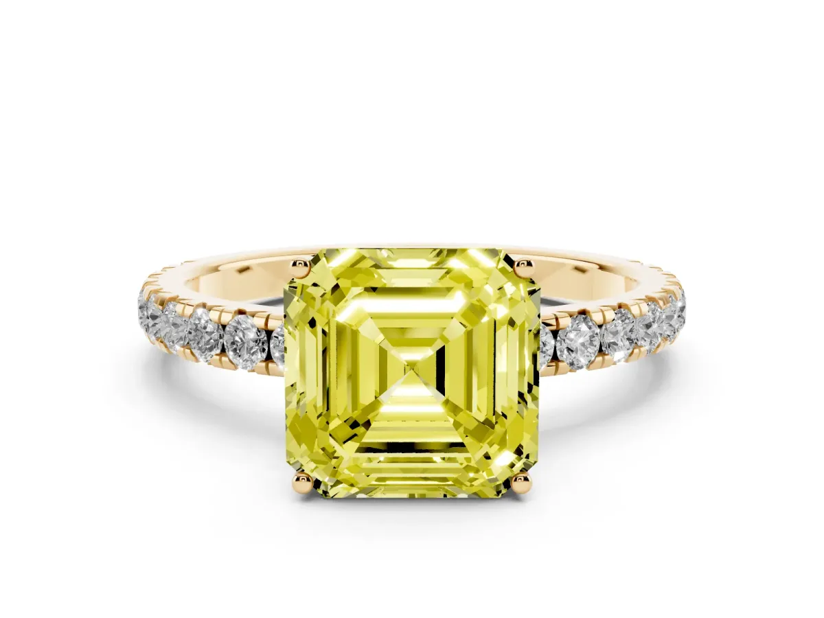 Fancy Yellow Asscher Cut Diamond Pavé Solitaire Engagement Ring with Four-Prong Setting Yellow gold