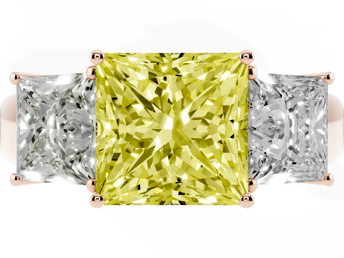 Fancy Yellow Three-Stone Princess Cut Cut Diamond Ring with Prong Setting and Classic Band Rose gold