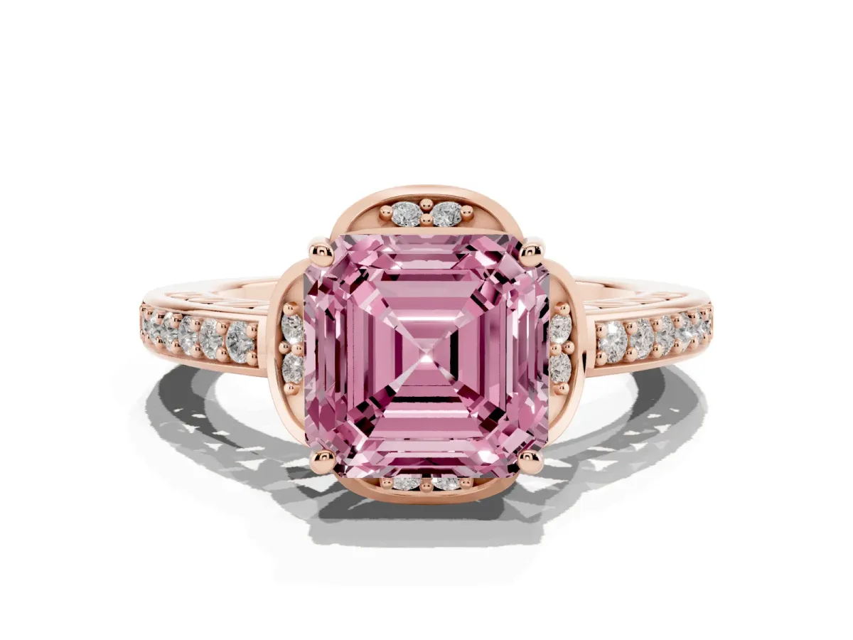 Fancy Pink Asscher Cut Cut Halo Diamond Ring with Channel Set Band and Four-Prong Setting Rose gold