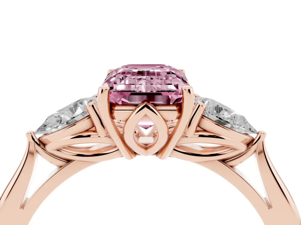 Fancy Pink Emerald Cut Diamond Three-Stone Ring with Pear Side Stones and Prong Setting Rose gold