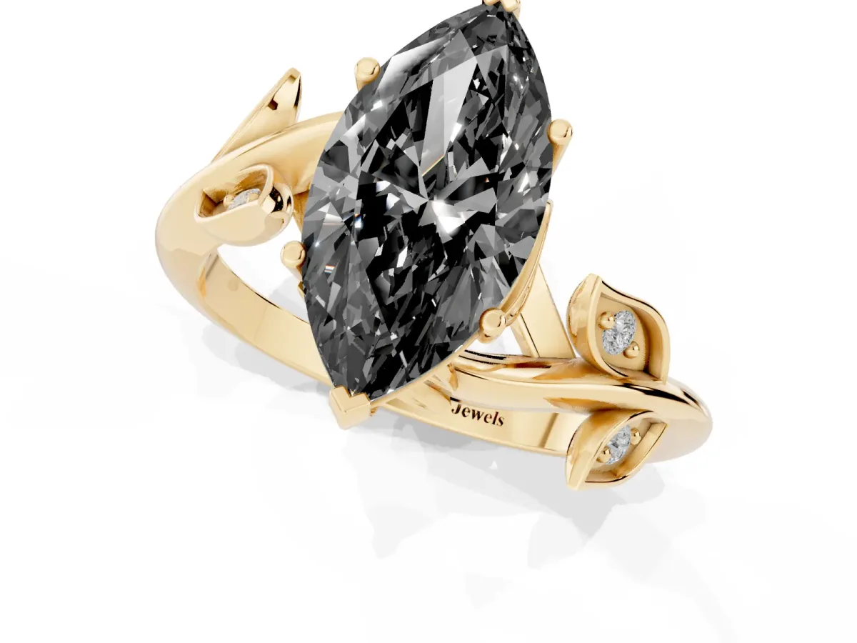 Fancy Black Marquise Cut Solitaire Twist Engagement Ring with Leaf Accents and Prong Setting Yellow gold