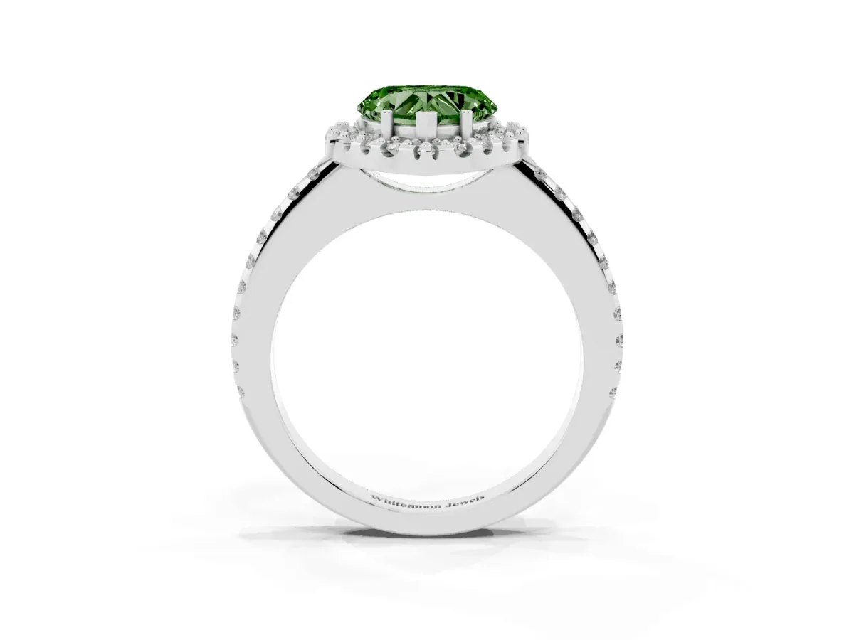 Fancy Green Heart Cut Diamond Pavé Halo Ring with Four-Prong Setting Silver