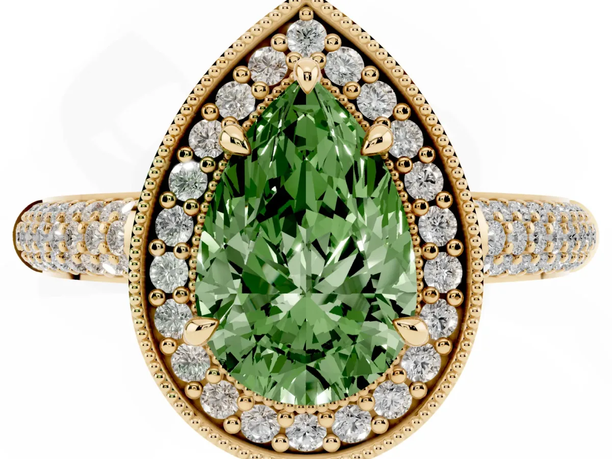 Fancy Green Pear Cut Cut Halo Diamond Pave Band with Four-Prong Setting Yellow gold