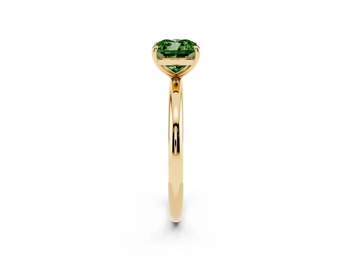 Fancy Green Cushion Cut Solitaire Diamond Ring with Four-Prong Setting on a Plain Band Yellow gold