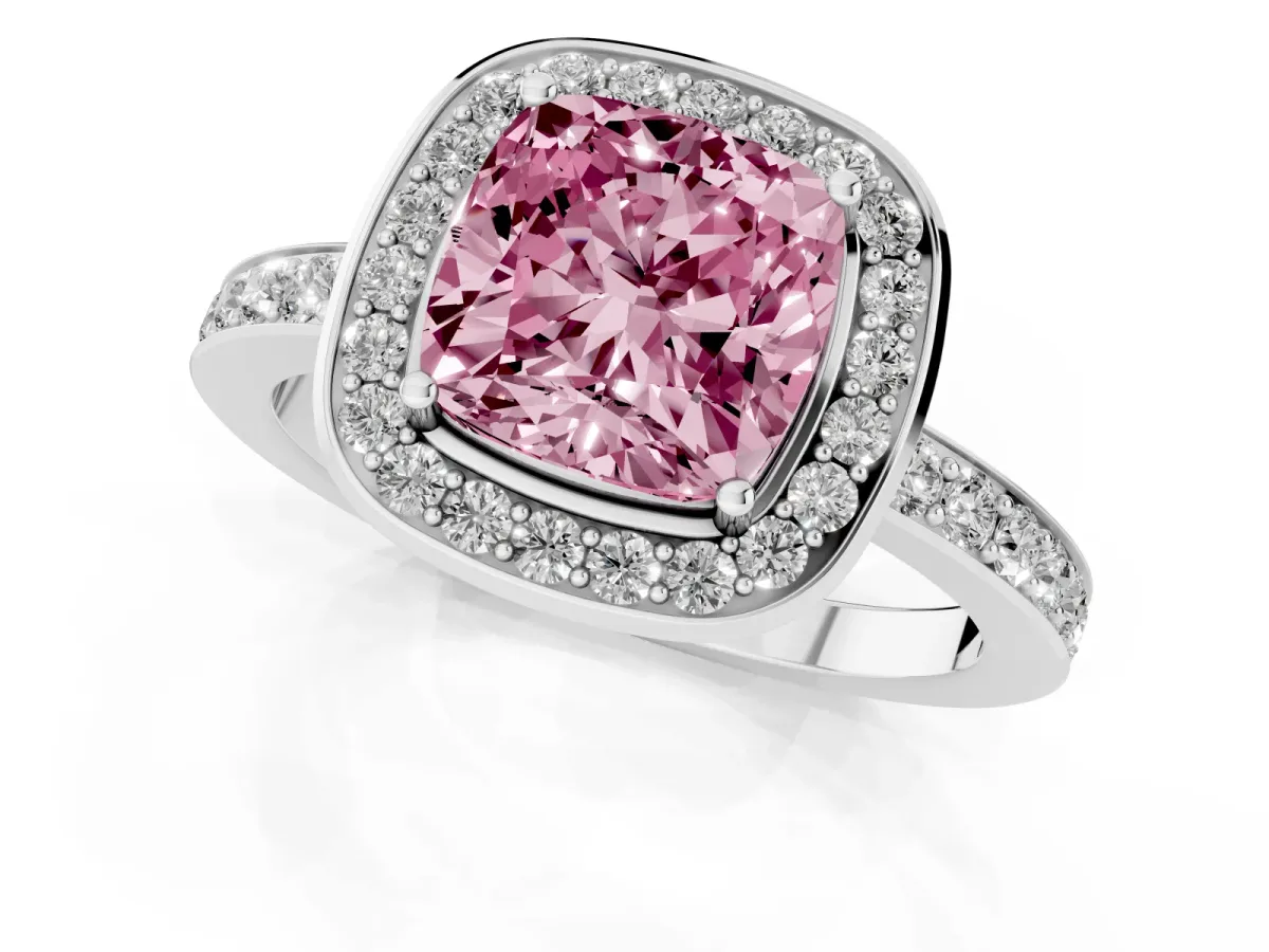 Fancy Pink Cushion Cut Diamond Halo Ring with Bezel Frame and Pavé Band Silver