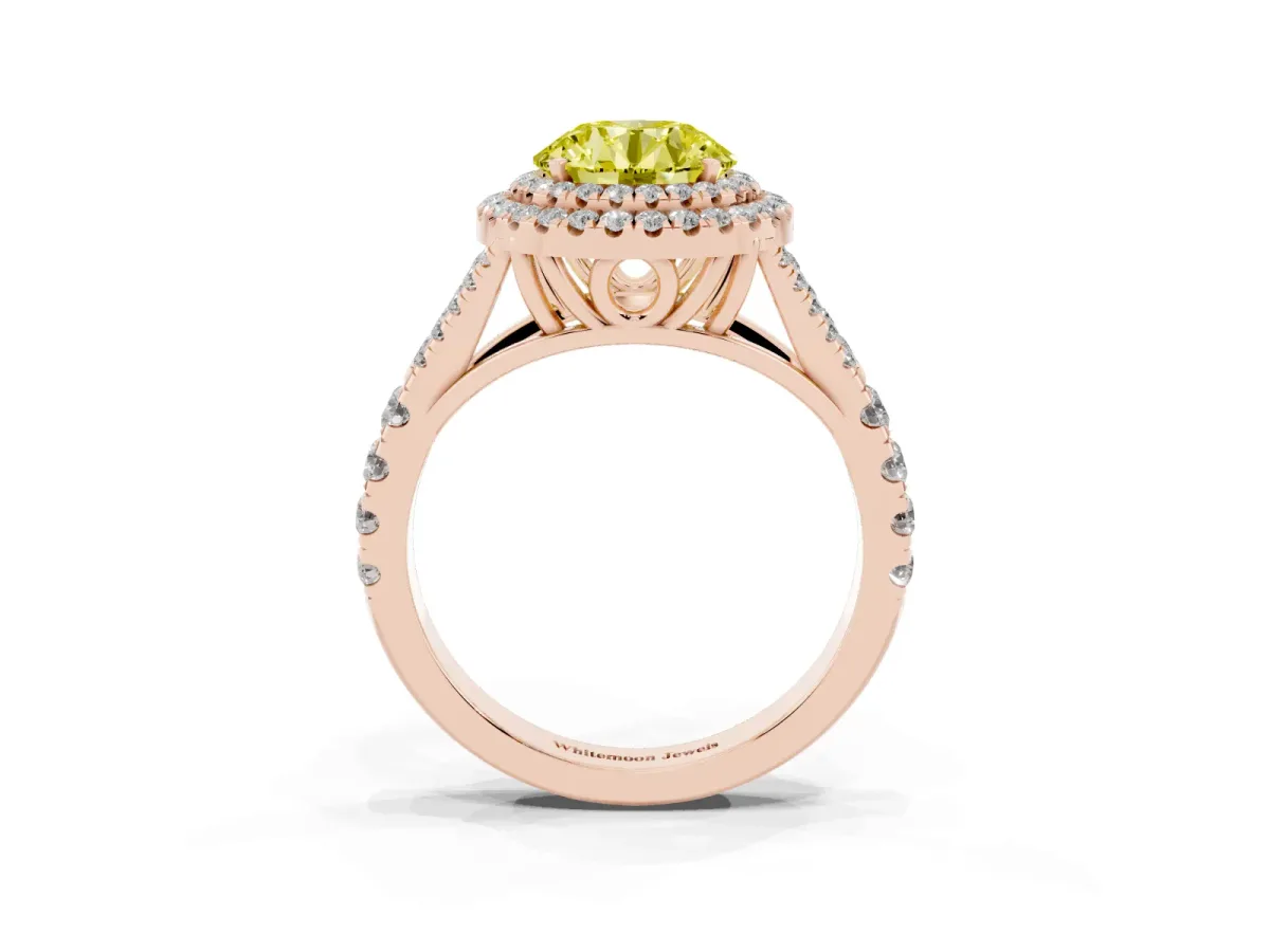 Fancy Yellow Double Halo Round Cut Diamond Split Shank Engagement Ring with Four-Prong Setting Rose gold