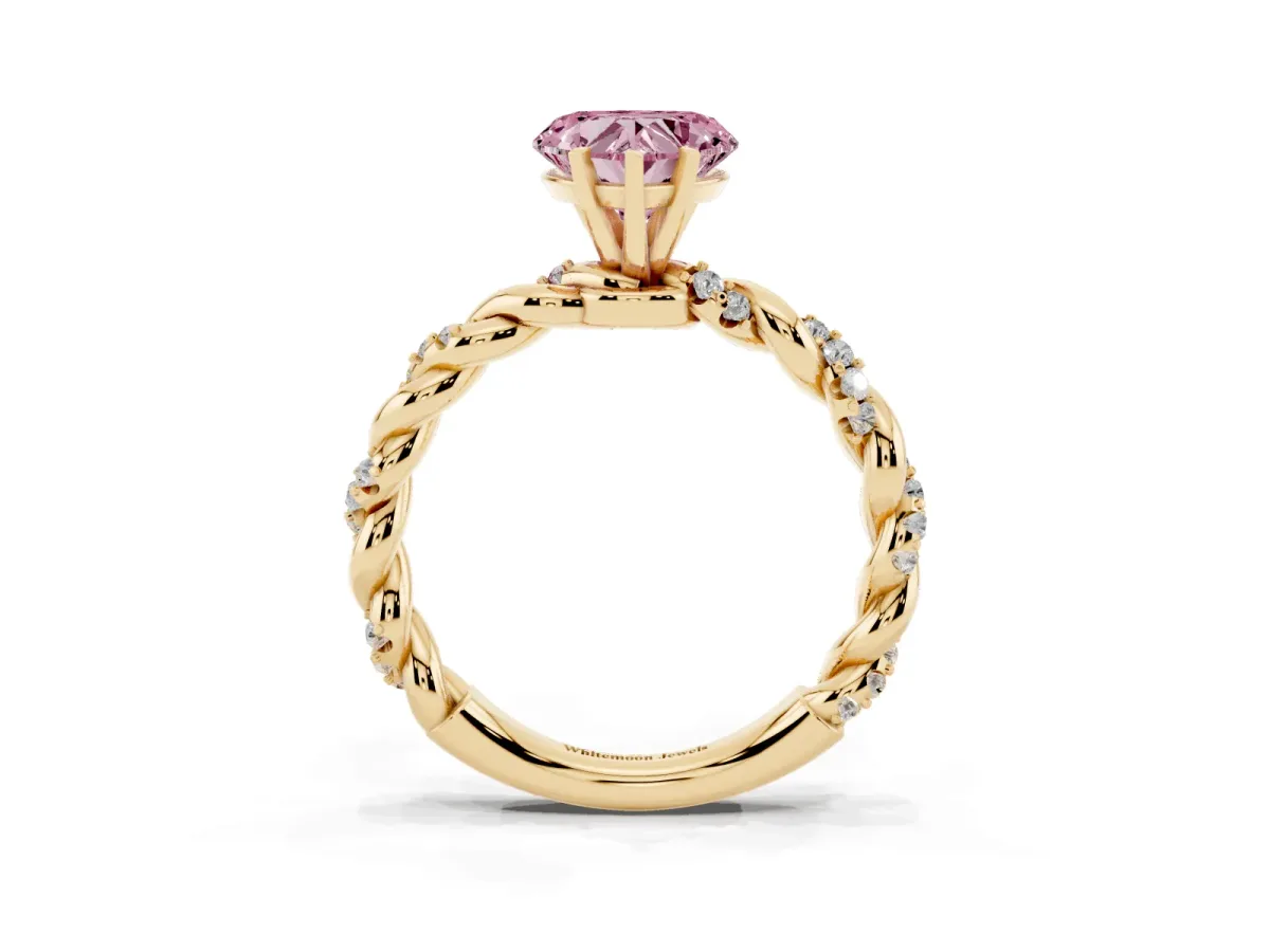 Fancy Pink Heart Cut Diamond Solitaire Ring with Twisted Band and Pavé Accents Yellow gold