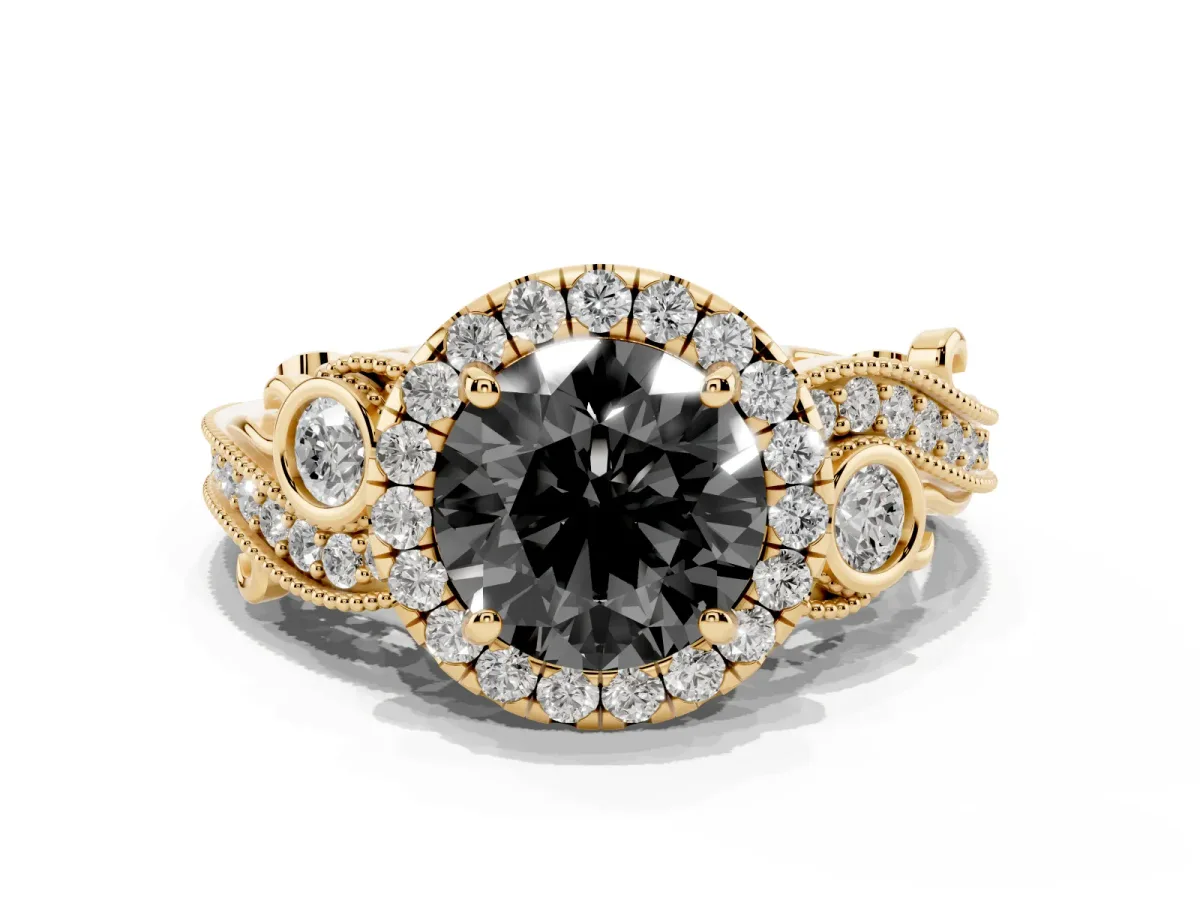 Fancy Black Round Cut Halo Diamond Ring with Milgrain and Bezel Accents on a Split Shank Band Yellow gold