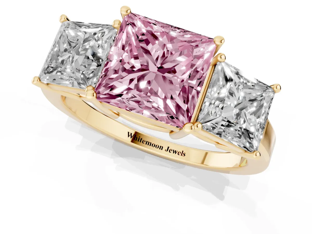 Fancy Pink Three-Stone Princess Cut Cut Diamond Engagement Ring with Flat Band and Four-Prong Setting Yellow gold