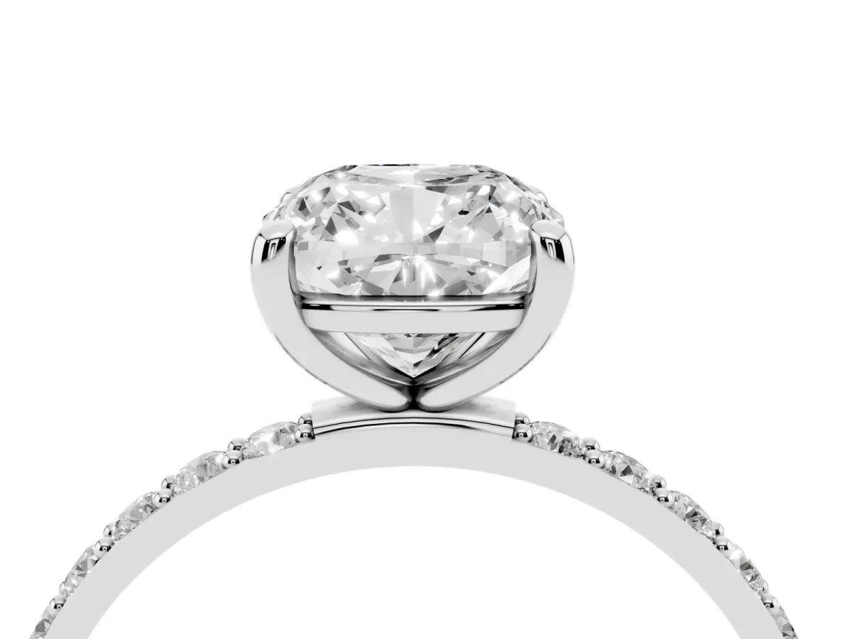 Cushion Cut Diamond Solitaire Ring with Round Pavé Band and Prong Setting Silver