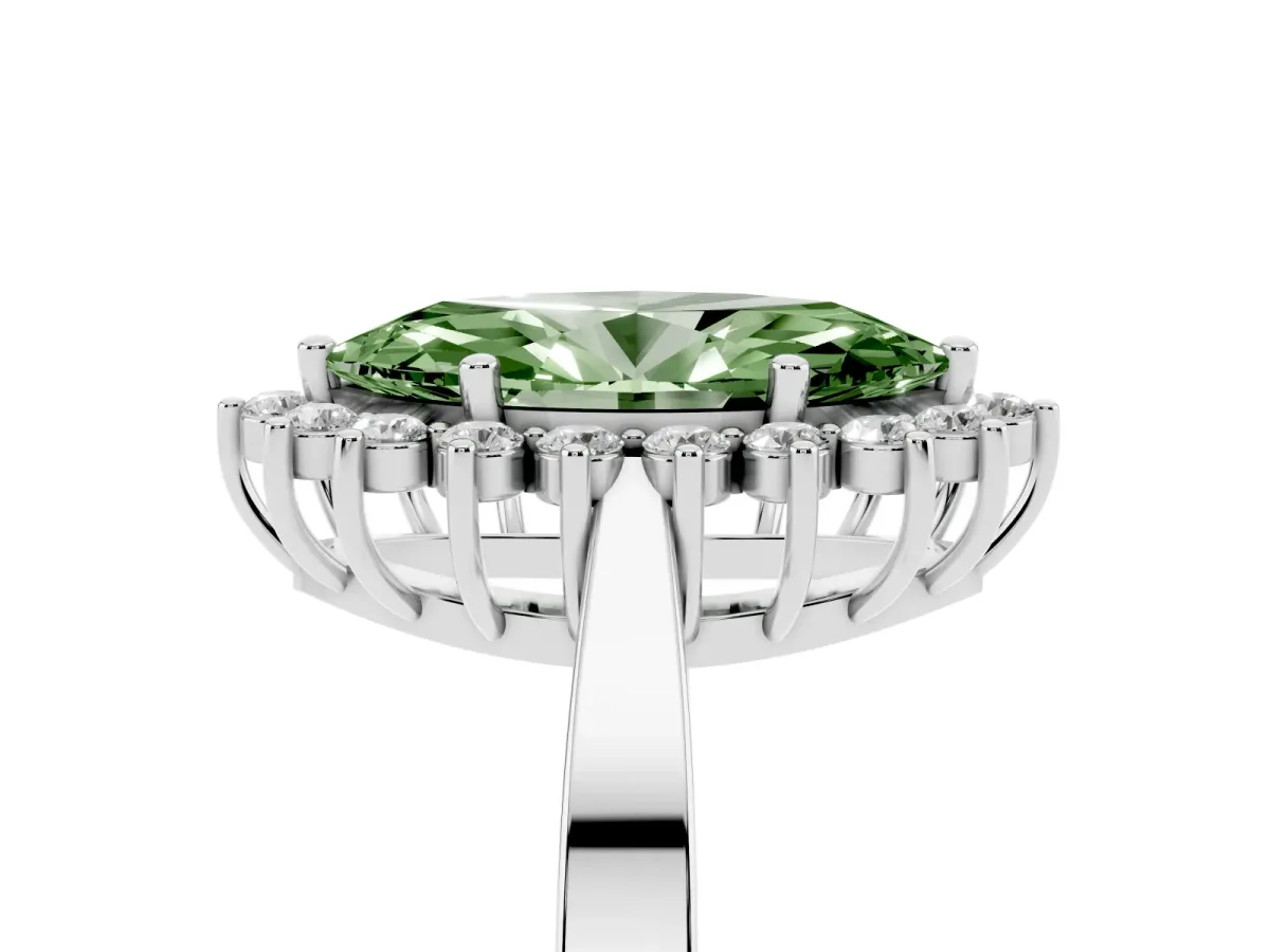 Fancy Green Marquise Cut Cut Diamond Halo Ring with Round Brilliant Halo and Solitaire Band White gold