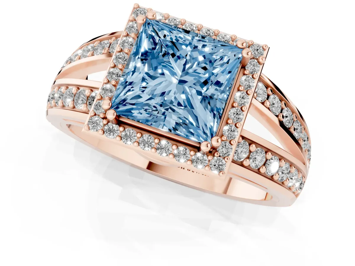 Fancy Blue Princess Cut Diamond Halo Ring with Split Shank Pavé Band and Four-Prong Setting Rose gold