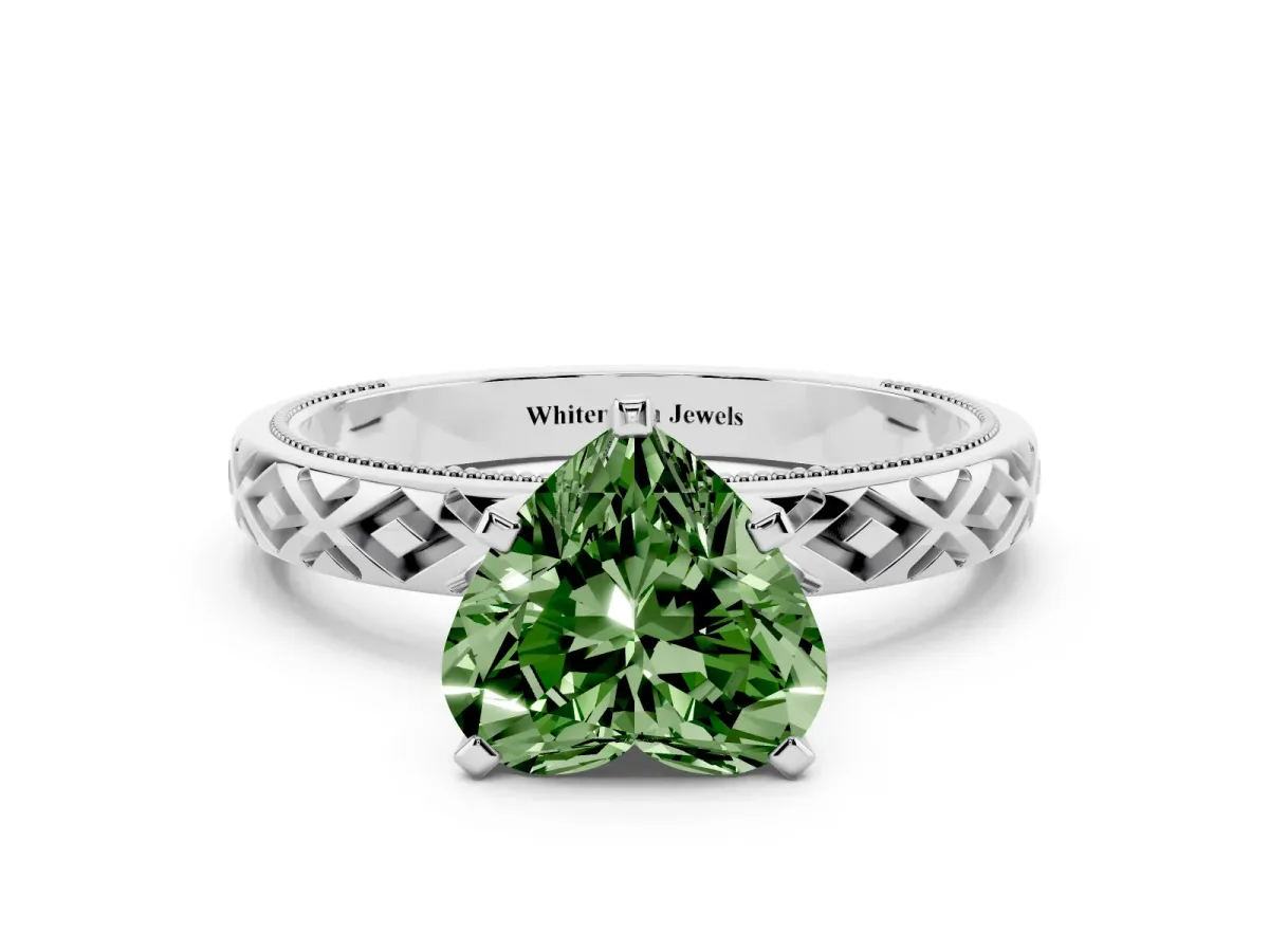 Fancy Green Heart Cut Solitaire Diamond Ring with Milgrain and Black Enamel X Pattern Band Silver