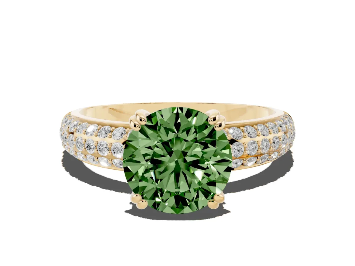 Fancy Green Round Cut Diamond Solitaire Ring with Multi-Row Round Pavé Band and Prong Setting Yellow gold