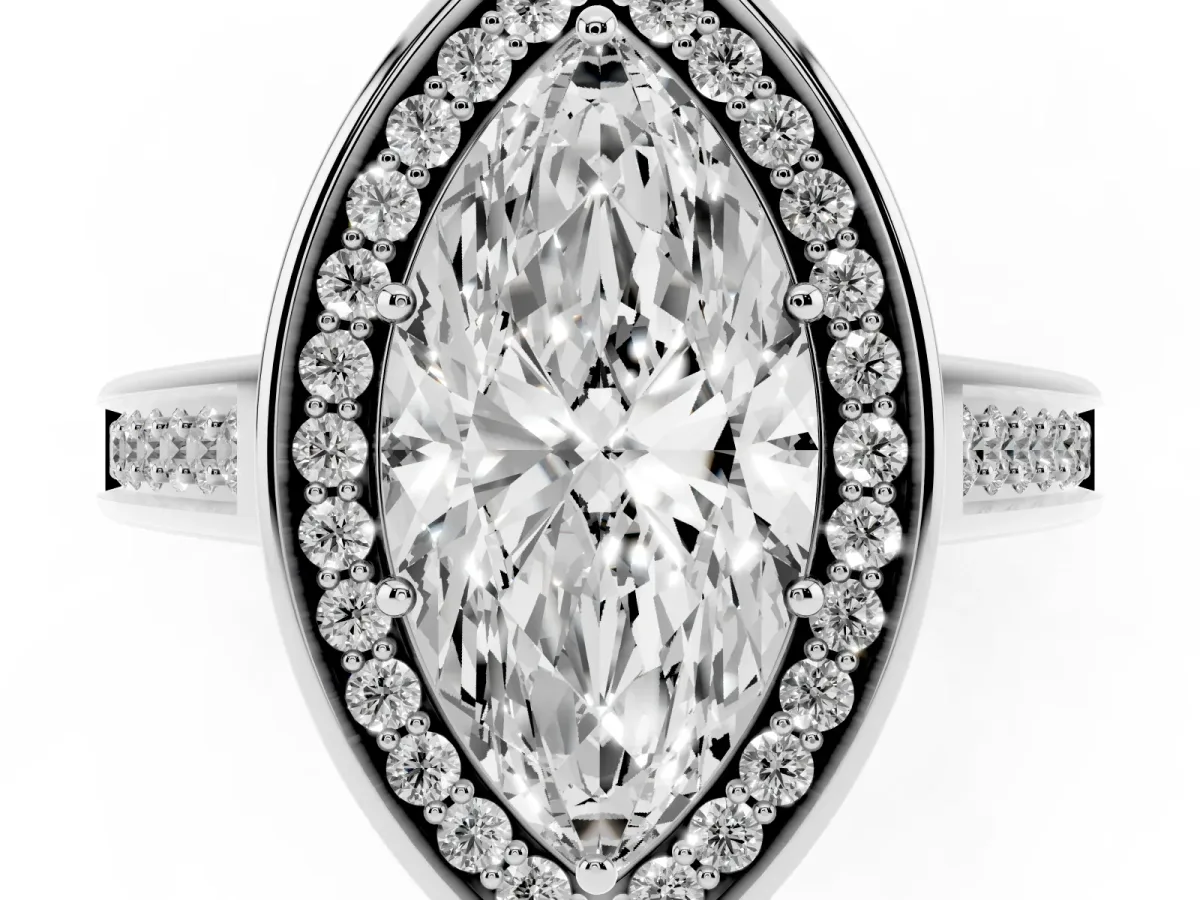 Marquise Cut Halo Solitaire Diamond Ring with Pave Band and Bezel Setting Silver