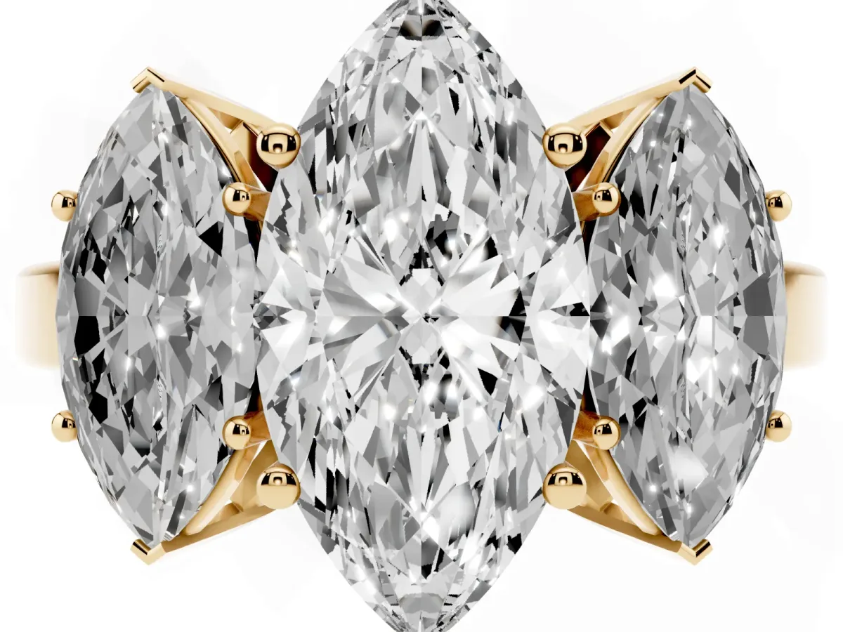 Three-Stone Marquise Cut Cut Diamond Engagement Ring with Flat Band and Four-Prong Setting Yellow gold
