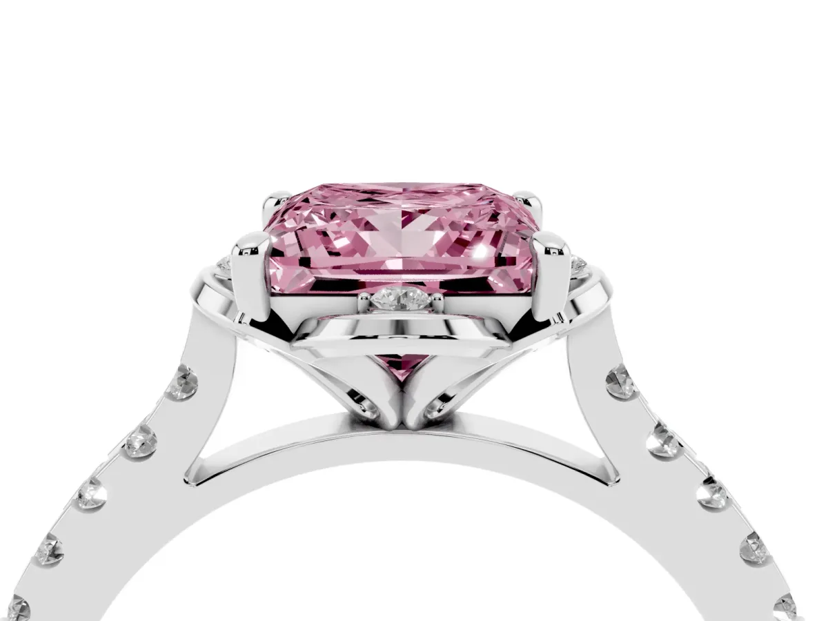 Fancy Pink Princess Cut Diamond Ring with Pavé Band and Floral Prong Setting White gold