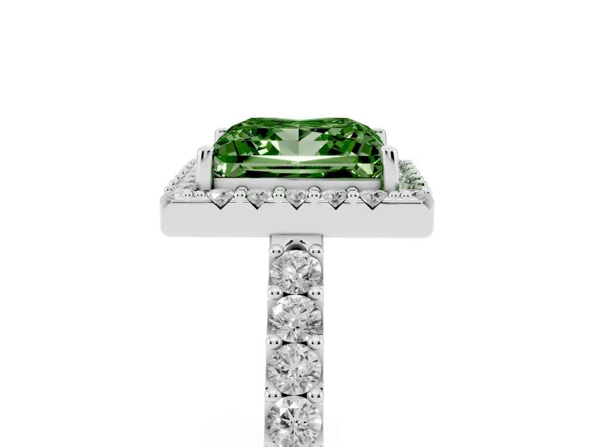 Fancy Green Princess Cut Halo Diamond Pavé Solitaire Ring Platinum