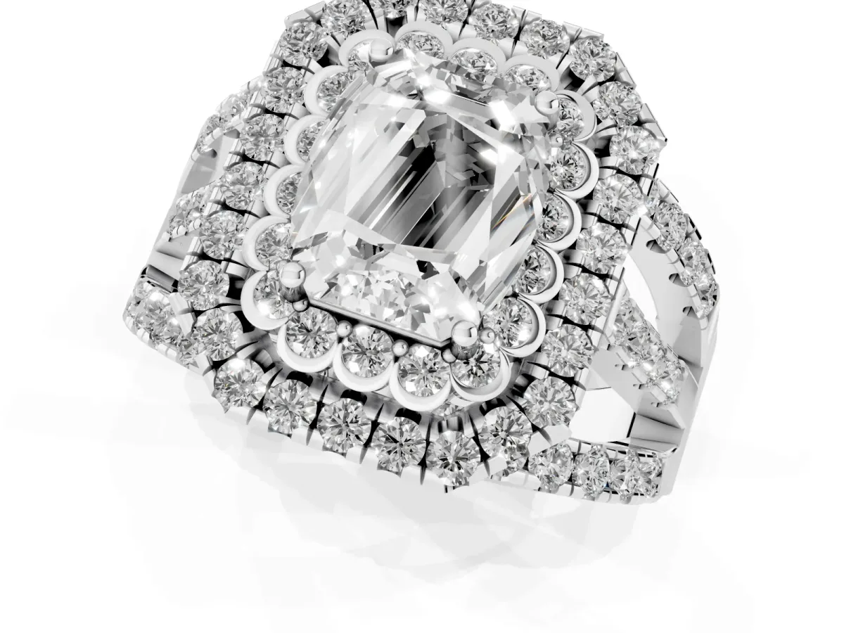 Emerald Cut Diamond Double Halo Ring with Round Pavé Split Shank and Prong Setting Platinum